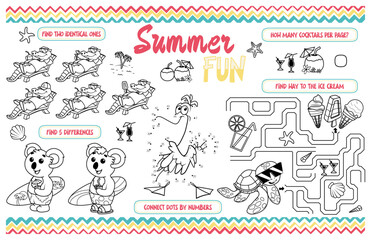Festive placemat for children. Printable activity sheet "Summer fun" with a labyrinth, connect the dots, find the difference. 17x11 inch printable. Vector file