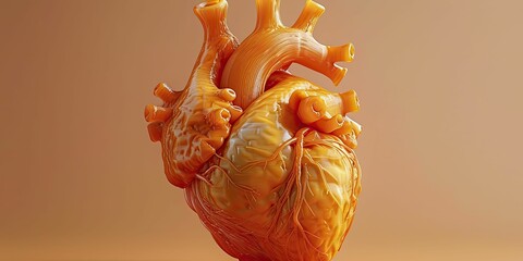3D printer creating a human heart model, revolution in medical prototypes on soft orange background. - obrazy, fototapety, plakaty