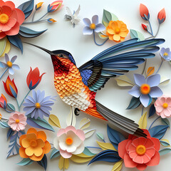 Paper cut colored hummingbird flying on the flowers on a white background