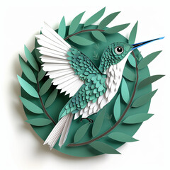 Paper cut green hummingbird flying on the leaves on a white background