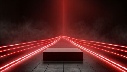 Modern Edge: Square Podium with Red Neon Light against City Background
