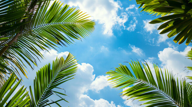 A picturesque frame created by the lush leaves of coconut branches, set against a backdrop of a cloudy blue sky, perfectly captures the essence of Palm Sunday