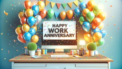 Vibrant Office Desk with Happy Work Anniversary Decorations