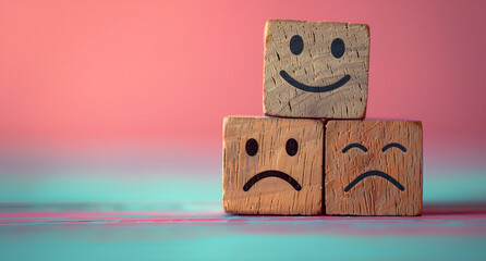 A wooden cube with one side depicting a happy face and the other sad, representing positive versus negative emotions for customer service performance ensuring a good customer experience 