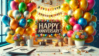 Delightful Work Anniversary Desk Celebration with Balloons and Flowers