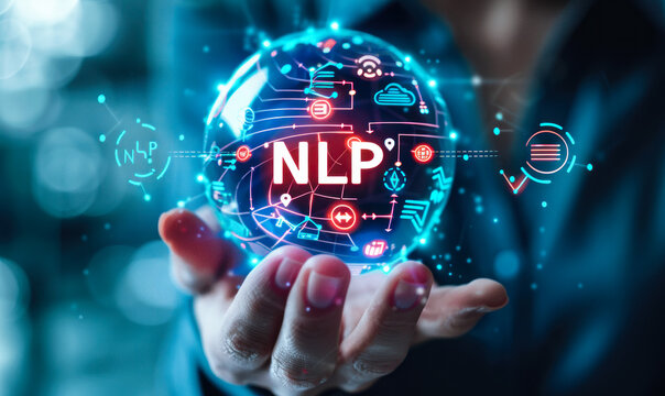 Person holding holographic sphere displaying NLP and technology icons, concept of natural language processing and its applications in various domains such as AI, data analysis, and automation