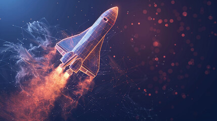 A striking depiction of a glowing, abstract space shuttle launch, complete with dynamic smoke effects, rendered in low poly wireframe on a dark, tech-inspired background