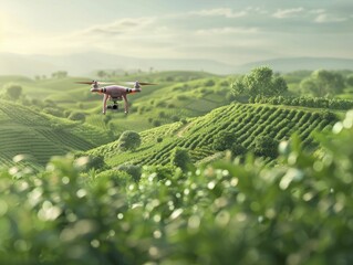 High tech agriculture with drones flying over a field, precision farming on light green background.