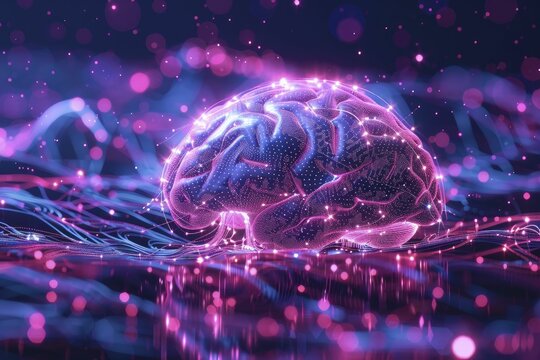 Holographic display of human brain, neuroscience meets technology on dark magenta background.