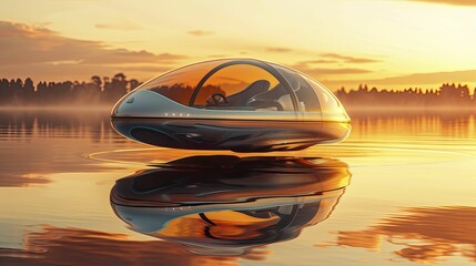 Personal hovercraft levitation technology, future transport on dusk orange background. - obrazy, fototapety, plakaty