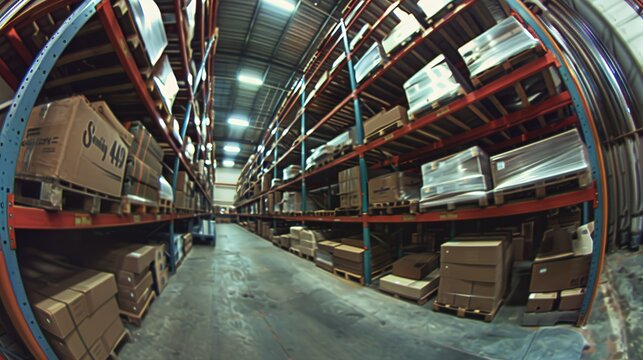 fisheye lens photo of a warehouse, with boxes on the racks and pallets stacked in the background