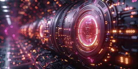 Quantum encryption device prototype, cybersecurity future on dark violet background.