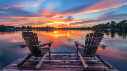 A tranquil scene unfolds with two wooden chairs perched on a pier, inviting relaxation as they face a serene lake, with the warm hues of sunset painting the waters and sky,