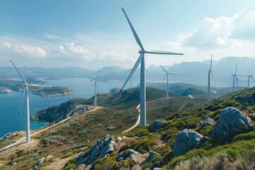 A group of Wind turbines on the mountain near by sea