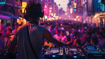 A youthful energy permeates the city streets as a DJ mixes beats at an outdoor festival, with throngs of young people gathered to revel in the vibrant summer atmosphere.