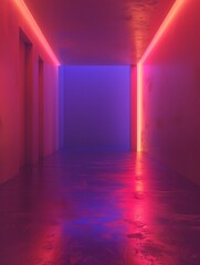 Vibrant Neon-Lit Futuristic Corridor with Minimalist Architectural Design and Reflective Surfaces