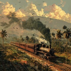 Colonial India Railways, digital illustration, British empire and steam trains , hyper realistic