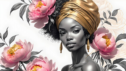 beautiful afro woman in turban and delicate pink peonies	 - 776920138