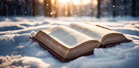 Open antique book lying on snow in winter forest. Old book with pages. Education, wisdom,...