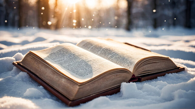 Open antique book lying on snow in winter forest. Old book with pages. Education, wisdom, literature concept