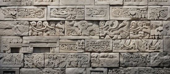 Ancient intricate carvings on a weathered stone wall, displaying detailed motifs and patterns