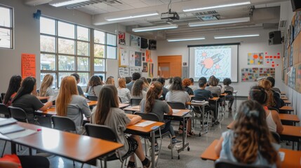 A wide shot of the classroom shows the diversity of happy students and the positive atmosphere