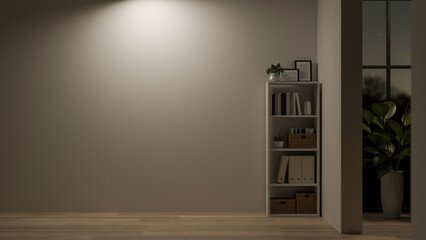 The interior design of a contemporary home corridor or empty room with a dim light in the room.