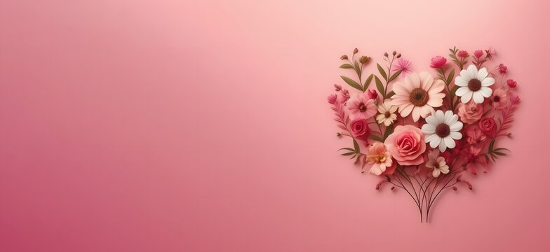 a set of flowers in a shape of heart for Valentine and Mother's Day, Isolated pink background, with free space for adding your text