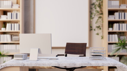 A minimalist contemporary private office features a computer on a modern marble desk.