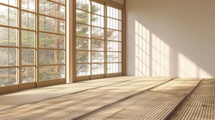 The Simple Grace of an Empty Room Outfitted in Japanese Style, with Tatami Flooring and Sunlight Filtering Through Shoji Windows