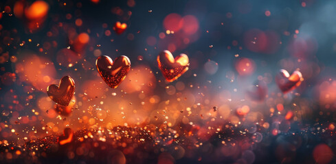 Glowing Heart Shapes Sparkling Amidst a Dreamy Blue and Red Bokeh Background - obrazy, fototapety, plakaty