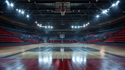 An expansive view of an empty basketball arena, where the vast stadium and sports ground are lit by...