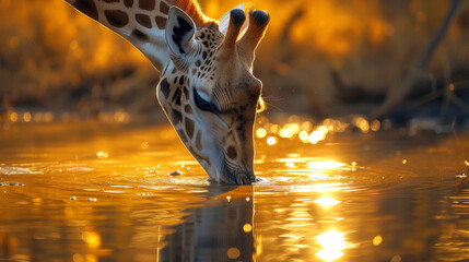 A giraffe is drinking water from a lake - obrazy, fototapety, plakaty