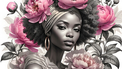 beautiful afro woman in turban and delicate pink peonies	 - 776922169