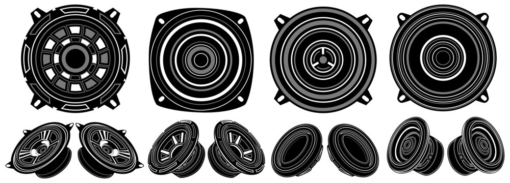 Set powerful car speaker icons. sound system audio logo. loudspeakers design vector illustration