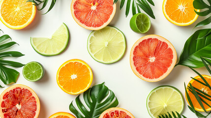 Brightly colored fruit slices and verdant tropical leaves come together in a lively, artistic...