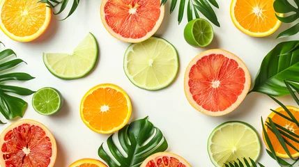 Foto op Plexiglas Brightly colored fruit slices and verdant tropical leaves come together in a lively, artistic pattern, set on a pristine white background,  © arhendrix