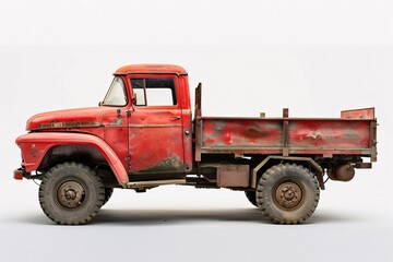 a red truck with a dirty body