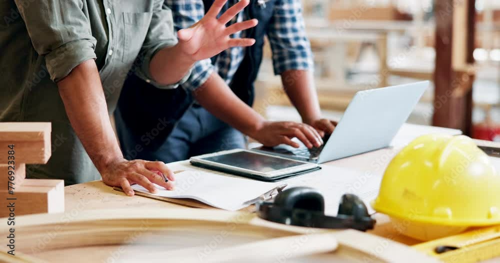 Poster hands, coworker and architect with technology in desk or typing on laptop and discuss design. closeu