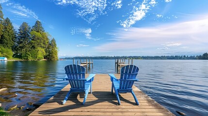 A Quiet Lakefront Setting with a Pier, Enhanced by Two Solitary Blue Chairs