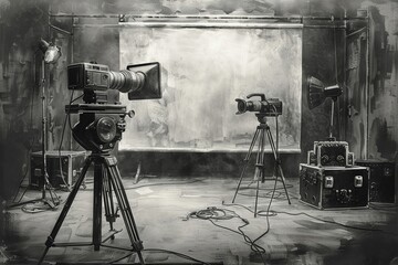 Old Hollywood Movie Set, charcoal sketch, classic film stars and vintage cameras , sci-fi tone - obrazy, fototapety, plakaty