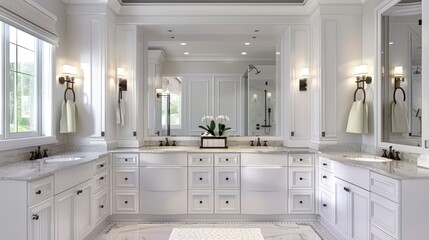 A Large, White Luxury Master Bathroom Featuring Expansive Cabinets and Twin Sinks