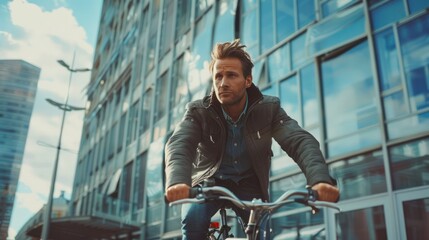 Handsome man riding bicycle beside the modern office building