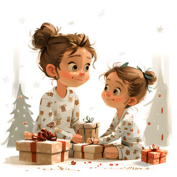 Girls sharing Christmas presents, happy gesture, illustration