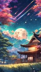 Fototapeta premium Colorful Vibrant Anime Sunset Landscape of a Traditional Japanese House with Galactic Sky Wallpaper Background