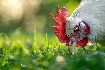 Fotobehang a chicken eating grass in the grass © Maxim
