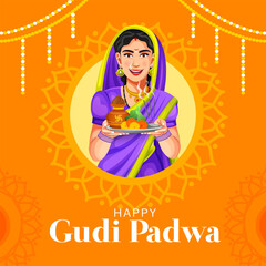 Happy Gudi Padwa with a decorated background of celebration of India. Maharashtrian woman in traditional dress celebrating Gudi Padwa festival