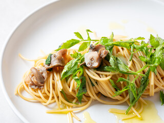 Whelk oil pasta on a plate	