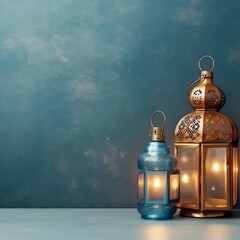 Naklejka premium Eid mubarak and ramadan kareem greetings with islamic lantern and mosque. Eid al fitr background