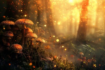 Mystical Mushrooms with Sparkles in Enchanted Woods. 